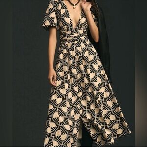 Anthropologie Women's Katerina Maxi Midi Dress Size Medium Cotton V Neck